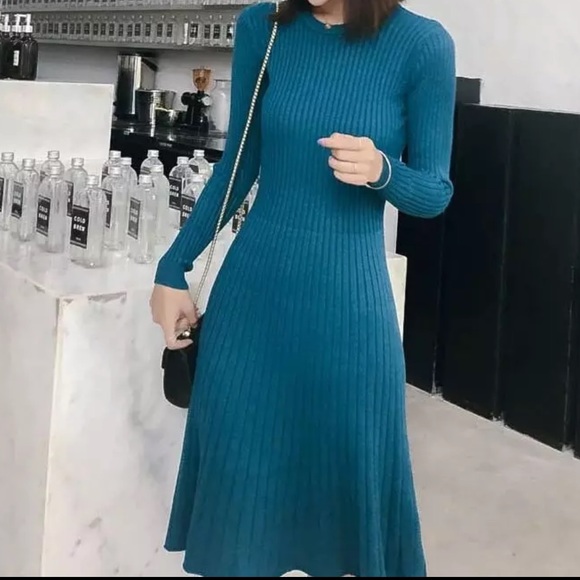Dresses & Skirts - Teal Ribbed Long Sleeve Modest Midi Dress Size